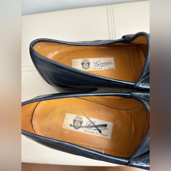 Vintage Gucci Gold Horse-bit Navy Blue Leather Loafers With Red Stripes Size 42S - Picture 6 of 13
